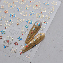 Elegant Gold Scepter 5D Nail Art Stickers Gorgeous Gemstone Luxury Courtly Pattern Necklace Frame Self Adhesive Manicure Decals