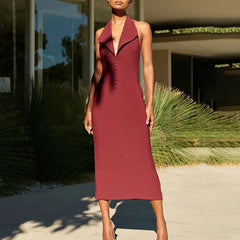Sexy Halter Deep V Neck Sleeveless Maxi Dress Women Elegant Backless Split Bodycon Dresses Autumn Femme Fashion Vest Long Dress