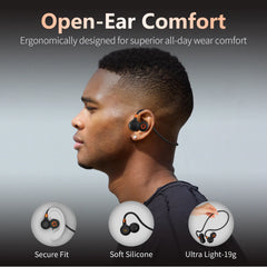 A man wearing black open-ear wireless headphones with a lightweight, ergonomic design.