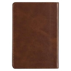 A brown leather-bound daily prayer book for men with stitched edges.