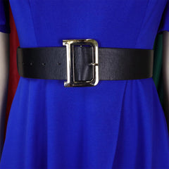 A wide black leather belt with a large gold D-shaped buckle worn over a royal blue dress.