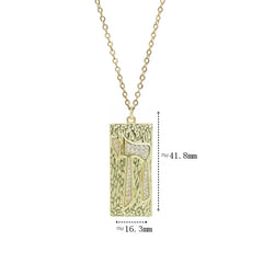 A gold-toned rectangular pendant featuring the Hebrew letter Chai with zircon accents on a chain.