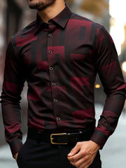 Men's Slim Fit Geometric Print Shirt Machine Washable, Classic Collar & Button-Up Front, All-Season Versatile Office Casual Wear