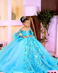 Customized Pink Flower Girl Dresses Children Birthday Dress Illusion Sheer Neck Long Sleeves Beaded Lace Princess Ball Gowns
