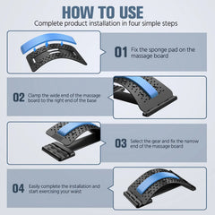 An instructional graphic showing the four-step assembly process for a curved back stretcher device.