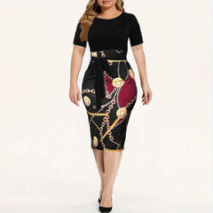 Commuter wrap-around dress, Women's Colorblock Chain Print Short Sleeve Round Neck Slight Stretch Slim Fit Mini Dress With Belt