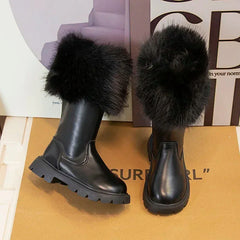Girls High Boots Thick Warm Plush Fur Beige Black Side Zipper Fashion Children Leather Long Boots Kids Winter Boots 2024 New SHOWLU FASHION STORE