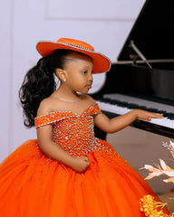 Orange Tulle Girls Birthday Party Dresses Customized Ball Gown Crystal Flower Girl Dresses for Wedding Baby Girls Pageant Dress