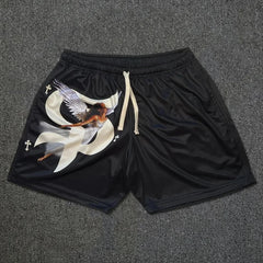 Black basketball shorts featuring a white angel graphic and small cross symbols.