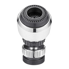 A chrome-finished universal 360-degree rotary faucet nozzle with a black mesh filter.
