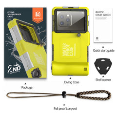 A yellow waterproof diving phone case with a lanyard, shell opener, and instruction manual.