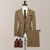 A tan double-breasted suit set including a vest, trousers, and a white shirt with a black tie.