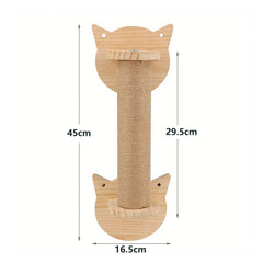 A wall-mounted cat scratching post featuring a sisal-wrapped column between two cat-shaped wooden mounts.