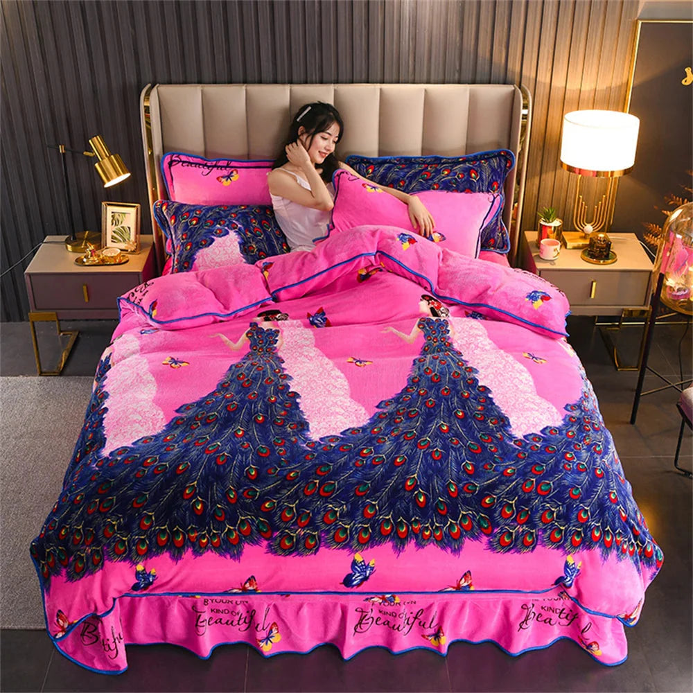 Winter Warm Coral Velvet Bedding Sets Home Double-Sided Thickened Flannel Four-Piece Set Quilt Cover Sheet Milk Velvet Bed Skirt SHOWLU FASHION STORE