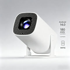 A white P30PRO mini projector with a black patterned front panel sits on a rotating stand.