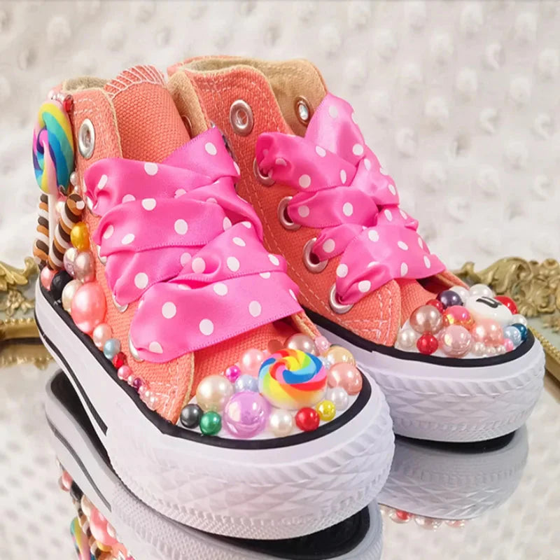 Random Lollipop Rainbow Candy Canvas Simulation DIY Kids Pearls Sneakers For Girl Birthday Party Dollbling Handmade Bling Shoes SHOWLU FASHION STORE