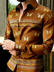 New 11 color men's long sleeved lapel shirt with fashionable 3D printed butterfly pattern long sleeved shirt