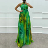 Vintage Pattern Printed Sleeveless Party Dress Casual High Waist Bohemian Dresses New Sexy Halter Hollow Out Women's Long Dress