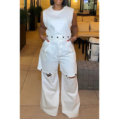 Plus Size Casual Pant Set White Round Neck Detachable Two Piece Pant Set With Pocket SHOWLU FASHION STORE