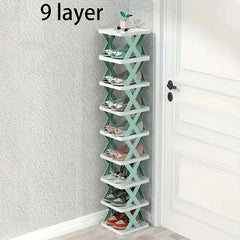 A tall, nine-layer vertical shoe rack with white shelves and green X-shaped supports.