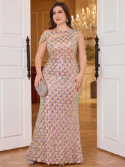 UNITHORSE plus Size Single Shoulder Sleeveless Glitter Tailed Formal Evening Dress Gown for Women