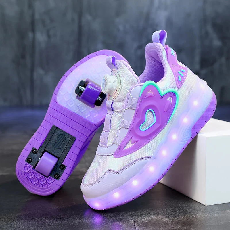 Children Two Girls Wheels Luminous Glowing Sneakers Heels Pink Led Light Roller Skate Shoes Kids Led Shoes USB Charging Fashion SHOWLU FASHION STORE