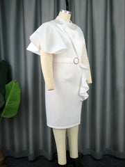 A white knee-length sheath dress featuring a beaded neckline, butterfly sleeves, and a belted waist.