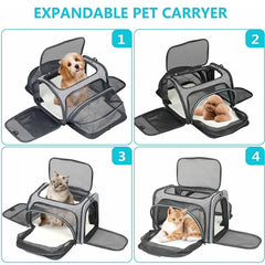 A grey, soft-sided expandable pet carrier shown in four configurations with cats and dogs inside.