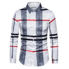 A men's long-sleeved button-down shirt featuring a white base with a black and red plaid pattern.