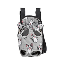 A grey pet carrier backpack featuring a repeating cartoon cat pattern with adjustable straps.