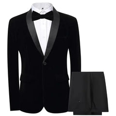 A black velvet slim-fit tuxedo suit featuring a shawl lapel, a single button, and matching pants.