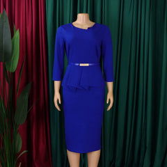 A royal blue midi sheath dress with a round neckline, three-quarter sleeves, and a peplum waist.