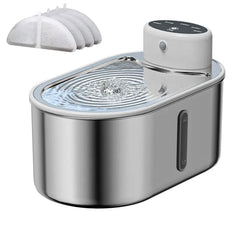 A stainless steel pet water fountain with a motion sensor and three replacement filters.