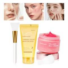 A skincare set featuring a turmeric night mask, collagen jelly cream, and a silicone applicator.