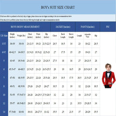 A size chart for a boys suit featuring body measurements and garment dimensions.