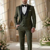 A three-piece army green suit featuring a black shawl collar, vest, and matching trousers.