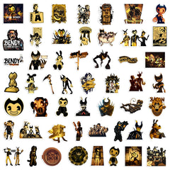 A collection of fifty stickers featuring various characters and scenes from the Bendy horror game series.