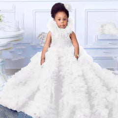 Gorgeou Flower Girls Dress Little Baby Girl Sky Blue Tulle Fluffy Applique for Party Kids Wedding Ball Birthday Evening Gowns