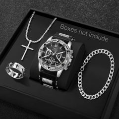 4PCS Fashion Arabic Dial Men Business Quartz Watch CasuSilicone Strap Wristwatch With Necklace Set Reloj Hombre (Without Box)
