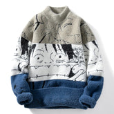 Mink Plush Thickened Round Neck Sweater New Men's Autumn Winter Loose Print Patchwork Fashion Knitted Sweater Long Sleeved Tops