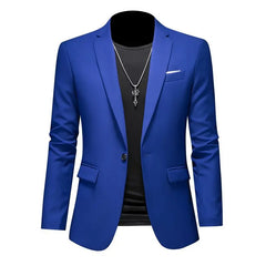 A royal blue single-breasted blazer for men featuring a notched lapel and a single button closure.