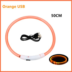 An orange USB rechargeable LED glowing pet collar with a charging cable.