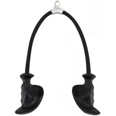 A black tricep rope cable attachment featuring two ergonomic handles and a central metal ring.