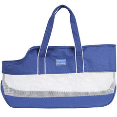A blue and white striped pet carrier shoulder bag with a mesh panel and zipper closure.
