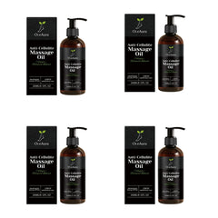 Four identical bottles of OceAura anti-cellulite massage oil with their matching boxes.