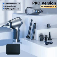 A silver handheld cordless vacuum cleaner with six attachments and a charging cable.