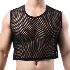 Mens Transparent Fishnet Crop Top Sexy Mesh Hollow Out Tank Tops Gym Fitness Sleeveless Undershirts T-shirts Nightclub Mini Vest