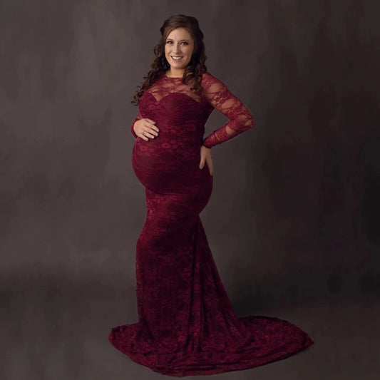 Lace Sexy Maternity Photography Dresses Boat Neck Pregnancy Shoot Dress With Long Train Women Maxi Maternity Gown Photo Props