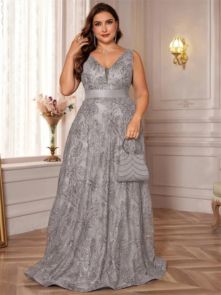 Lucyinlove Plus Size Luxury Deep V-Neck Sequins Blue Evening Dress Women Elegant V-back Wedding Party Long Prom Cocktail Dresses SHOWLU FASHION STORE
