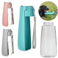 A portable, foldable dog water bottle dispenser shown in pink, blue, and grey color options.
